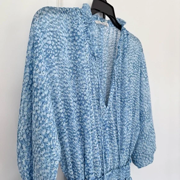 Lovestitch Sheer Floral Bishop Sleeve Ruffle Tier Mini Dress Light Blue Size S - Picture 2 of 12